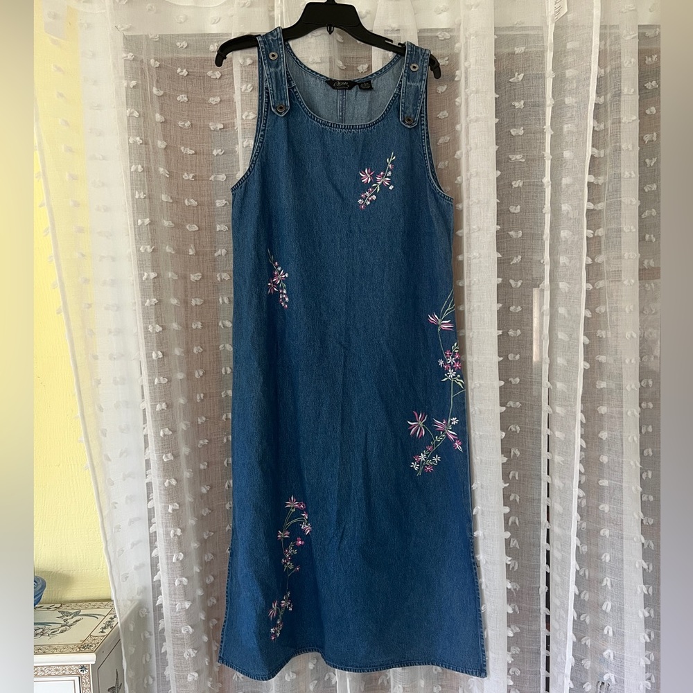 Embroidered denim jumper dress